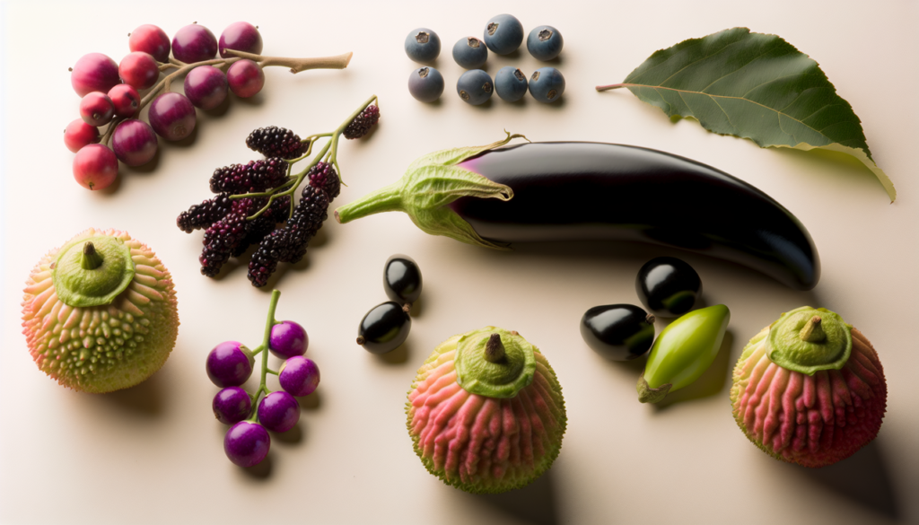 Assortiment de fruits en E : elderberries, eggplants, evergreen huckleberries et etrog citrons, minutieusement arrangés sur fond neutre avec éclairage doux pour mettre en valeur leurs couleurs vives. Haute résolution pour capturer les détails en clarté.