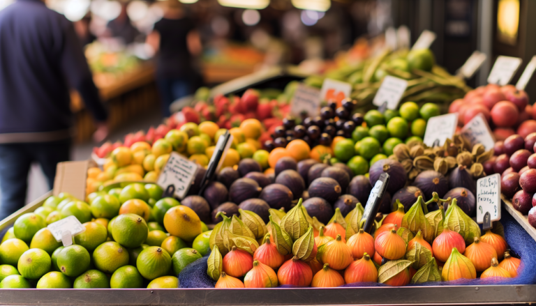 Un étal de fruits avec des figues, des feijoas, des citrons caviar et des coquerets.
