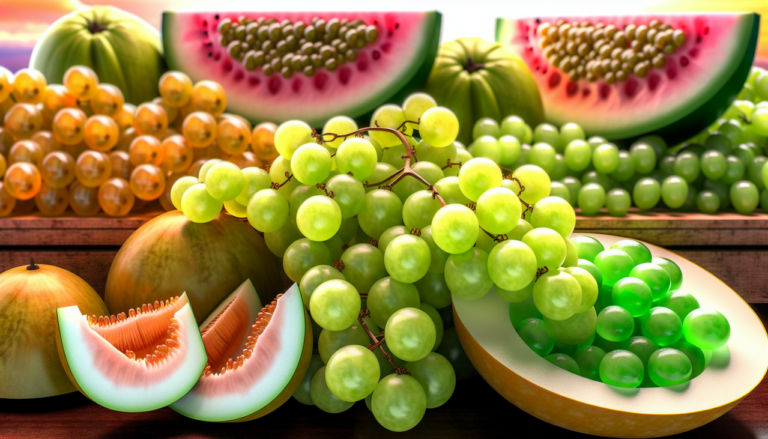 Fruits en G disponibles sur un étalage de marché frais : raisins verts, goyaves, melon galia, goldenberries. Étiquettes claires et élégantes, couleurs vives, éclairage naturel et focus sur les fruits. Résolution élevée pour détails optimaux.