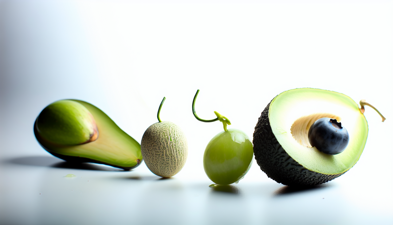 Fruit en H : Hass avocado, honeydew melon, Huckleberry, fraîcheur et couleurs vives pour un fond blanc brillant.
