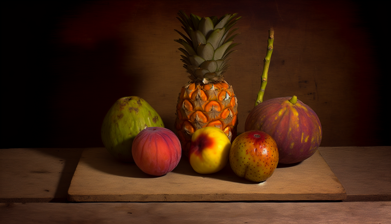 Assorted fruits starting with the letter I: Iguaçu Pineapple, Illawarra plum, Indian Fig, arranged harmoniously on a wooden table with soft diffused lighting for enhanced textures and colors. High-resolution image with shallow depth of field for a professional look.