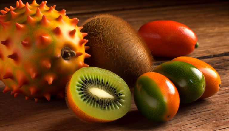 Assorted vibrant fruits: Kiwano, Kiwi, Kumquats, artfully arranged on a wooden table. Textures, colors, and details are highly realistic.