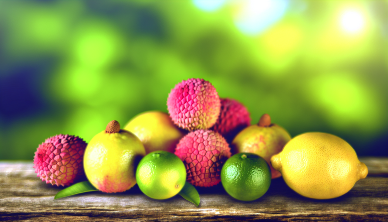 Assortiment de fruits en L : le citron, le litchi et la lime, disposés avec goût sur fond vert flou. Couleurs vives et netteté mettent en valeur ces fruits. Un effet de rosée matinale renforce leur fraîcheur.