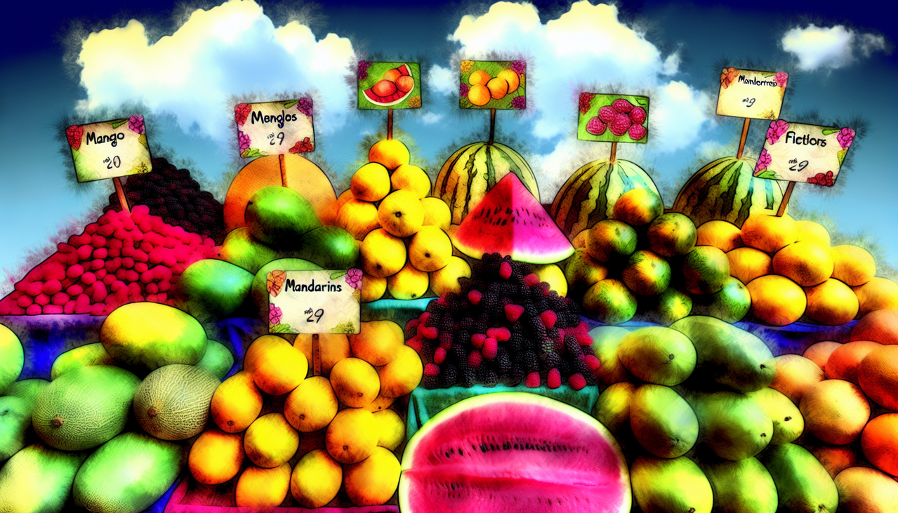 Marché de fruits en M, avec mangues, melons, mûres et mandarines. Ambiance ensoleillée, légères nuages dans le ciel bleu. Étiquettes élégantes pour chaque fruit. Texture réaliste et fraîcheur des fruits.