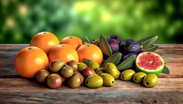 Assortiment de fruits en O : oranges, olives et figues rôties au four, artistiquement disposés sur une table en bois rustique avec un éclairage naturel doux et un arrière-plan flou de jardin vert pour souligner la fraîcheur des fruits. Couleurs vibrantes, détails précis et mise au point sur les fruits centraux. Haute résolution conseillée.