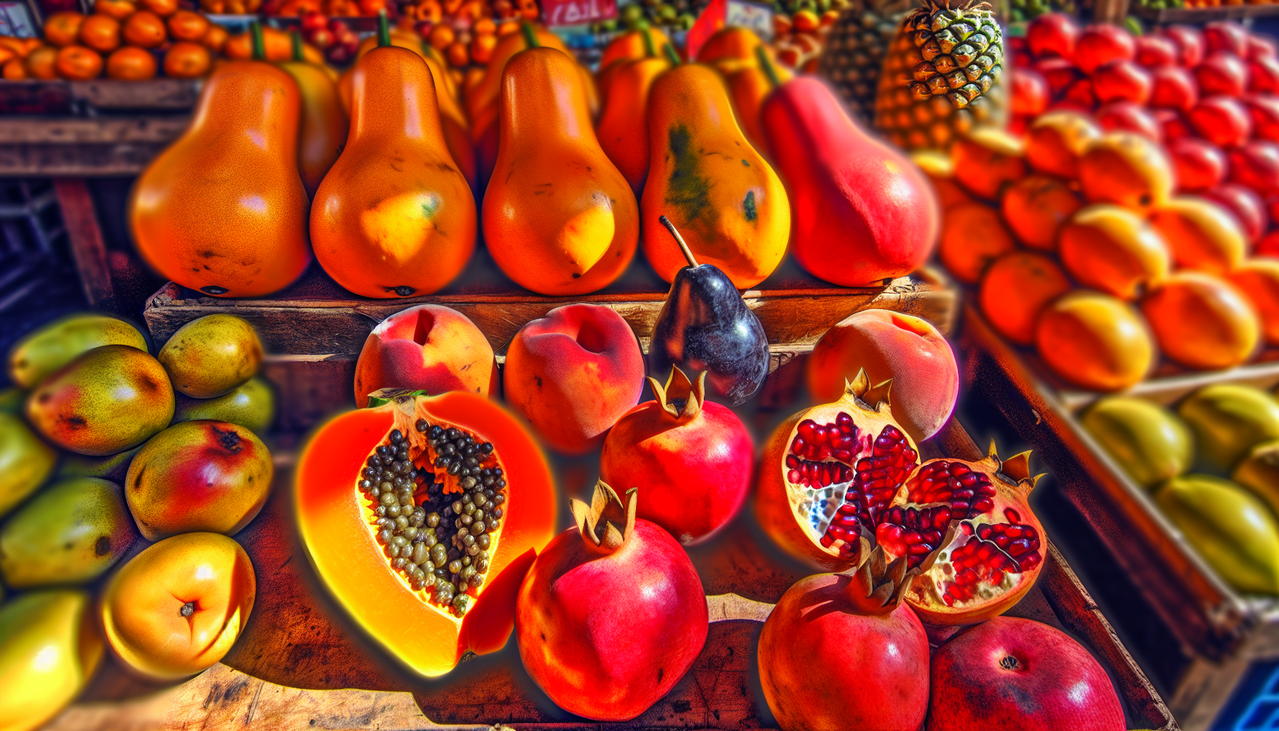 Une variété de fruits en P : papaye, pêche, poire, kaki, prune, grenade et ananas, dans un étalage de marché pittoresque. Texture et couleurs détaillées pour chaque fruit. Environnement de marché en arrière-plan. Éclairage naturel pour accentuer la fraîcheur. Haute résolution pour une image réaliste.