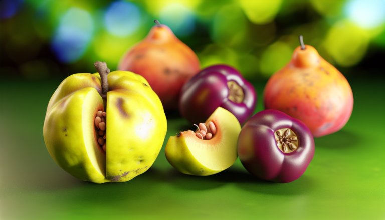 Fruit en Q : Quince, Queen Victoria plums, Quararibea cordata fruits. Vibrant image with yellow-green quince, deep purple plums, and orange-red Quararibea cordata fruits. Bright lighting, soft shadows, top-down view. Greenery background. Diverse and harmonious composition.