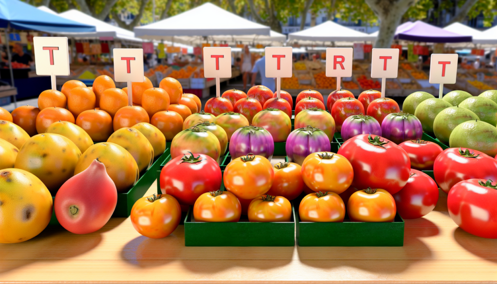 Fruit en T - Assortiment coloré de tamarillos, tangerines, taros et tomates étiquetées. Marché animé en arrière-plan. Vue centrale avec "T" en grande lettre à côté de chaque fruit. Détails réalistes grâce à Dall-e3.