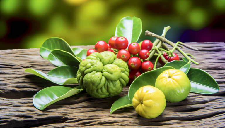 Fruits en U : Ugli, Uva Ursi et Umbu, sur une table en bois rustique, éclairés naturellement, mettant en valeur leurs textures et couleurs uniques.