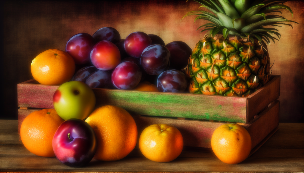 Fruit en V - Un panier en bois rustique déborde de délicieux Victoria prunes, éclatantes oranges de Valence et savoureux ananas de Victoria, mettant en valeur leurs textures et formes appétissantes. Une composition artistique aux couleurs vives dans un cadre vintage. Réglages haute résolution, ombres et reflets activés.