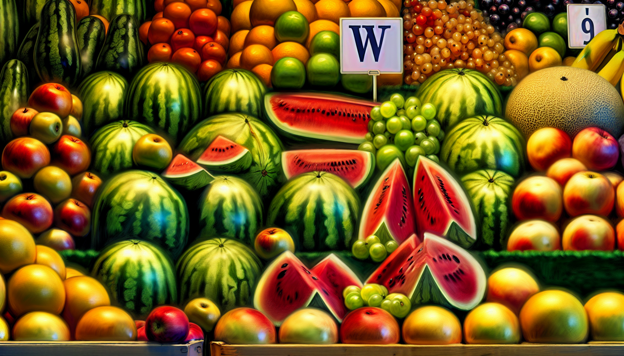 Fruits en W : watermelons, wax apples, white currants. Stand de fruits bien organisé, avec un label "W" subtil pour mettre en avant les fruits commençant par 'W'. Couleurs vives et détails réalistes.