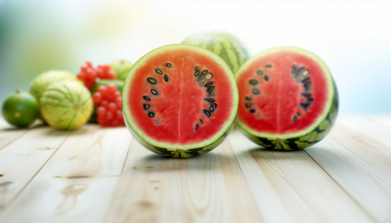 Fruit en X : Xigua, coupé en deux avec sa chair rouge vif et ses graines noires, sur une table en bois clair avec un éclairage naturel doux. Arrière-plan flou avec d'autres fruits exotiques commençant par la lettre 'X' pour ajouter de la variété. Haute résolution pour les détails réalistes.