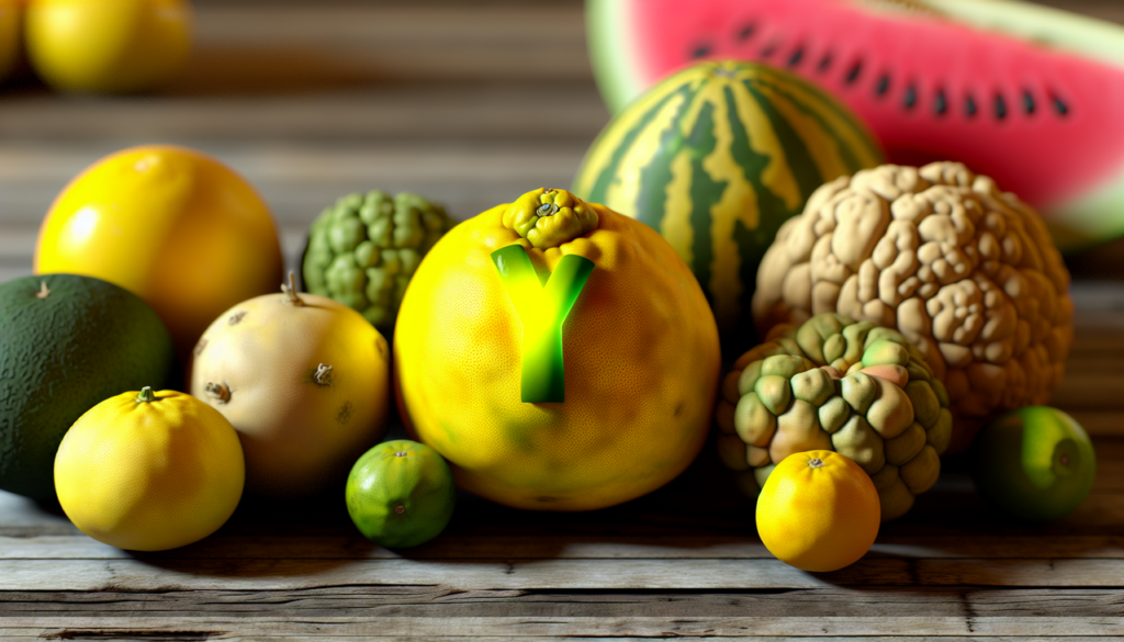 Fruits en Y: mélange exotique de yuzu jaune vif, pastèque jaune, yamamomo et yangmei, disposés de manière artistique sur une table en bois rustique. Effet de profondeur et éclairage naturel pour une image hyper réaliste.