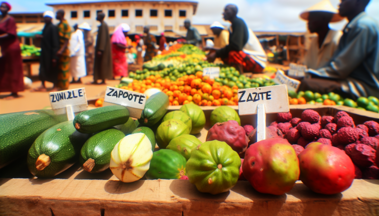 Fruits en Z : Une scène de marché animée avec des fruits tels que la courgette, le zapote et le jujube. Les fruits en Z sont mis en évidence avec des étiquettes devant chacun d'eux. Ambiance ensoleillée du matin, fruits frais et alléchants. Arrière-plan légèrement flou pour attirer l'attention sur les fruits en Z.