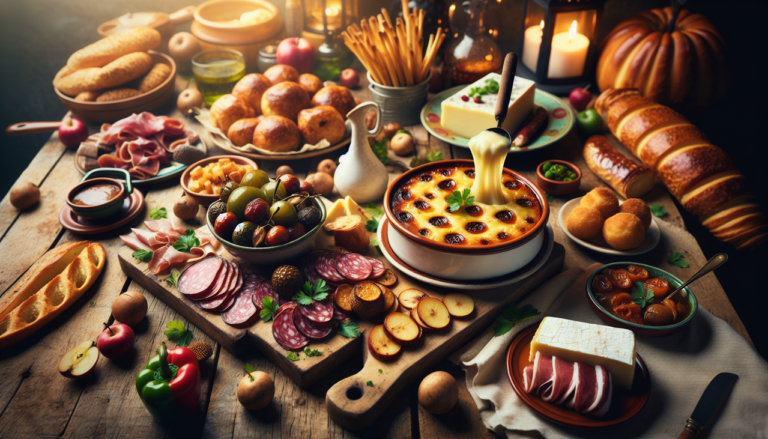 Plat en A - Assiette de charcuterie, Tarte Tatin aux pommes, Axoa, Aligot, marché français.