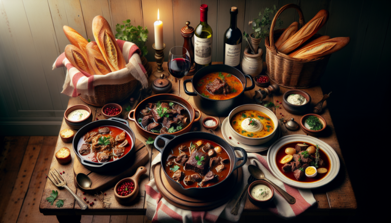Plat en B sur une table en bois : Boeuf Bourguignon, Bouillabaisse, Bœuf à la Bordelaise, Blanquette de Veau, Baguette.