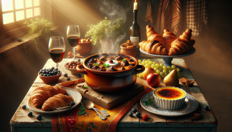 Plat en C, variété de plats français: Cassoulet, Croissants, Crème brûlée, Coq au vin, Clafoutis poire.