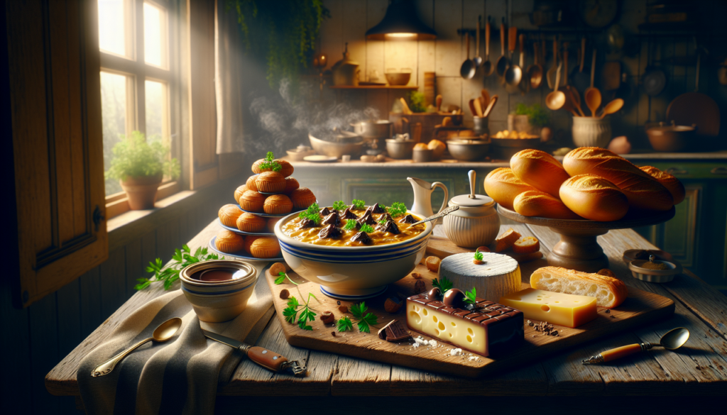 Plat en E - Étouffée, Éclair, Époisses et pain frais dans une cuisine française rustique.