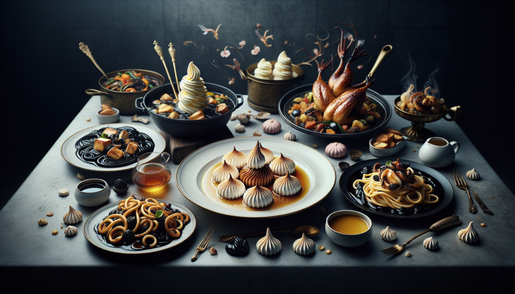 Plat en I : Îles flottantes, crème anglaise, caramel, amandes, Igname rôti, légumes sautés, Encornets farcis encre noire.