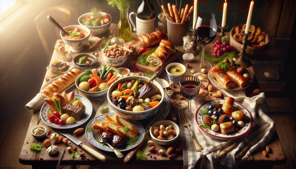 Plat en N : Assortiment de plats français tels que Navarin d'agneau, Nougat de Tours, Nems sur table en bois.