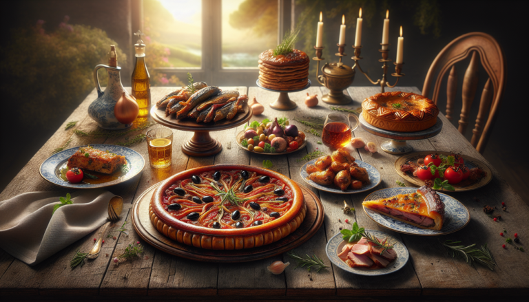 Créer un vitrine culinaire avec Pissaladière, Porc à la Provençale, Poularde en Vessie et Pâté en croûte.