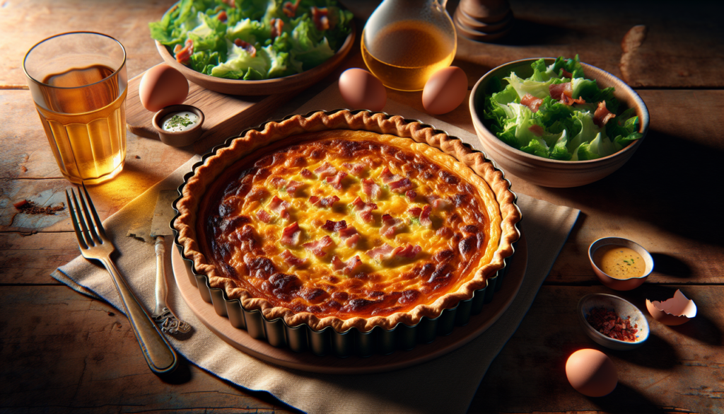 Plat en Q - Quiche Lorraine sur table en bois rustique, salade verte en accompagnement, ambiance chaleureuse.