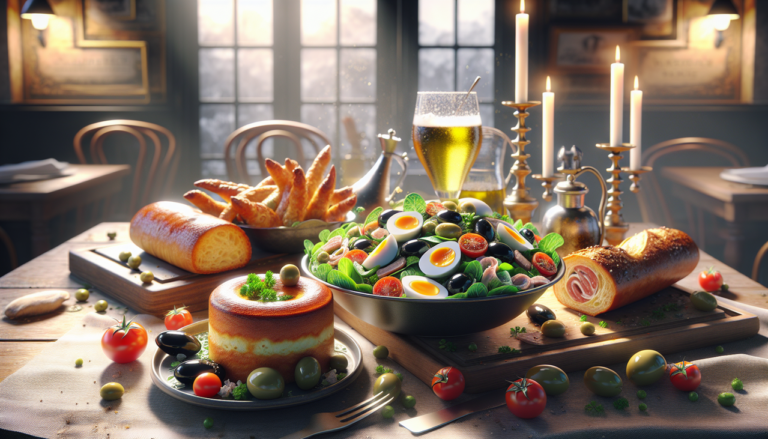 Plat en S traditionnel avec Salade Niçoise, Soufflé au fromage et Saucisson en brioche.
