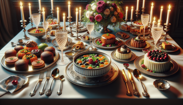 Plat en V raffiné avec velouté de légumes vifs, blanquette de veau scintillante, pâté de cerf rustique, et religieuses à la vanille.