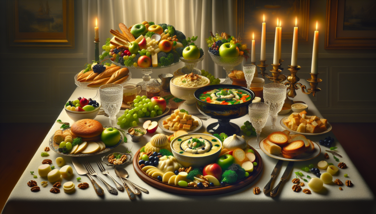 Afficher divers plats commençant par W sur une table chic : Waterzooi fr, Welsh rarebit et Waldorf salad.