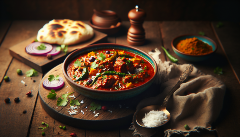 Plat en X : Xacuti de poulet traditionnel goan sur une table en bois rustique avec du pain moelleux et une cuillère, éclairage chaleureux.