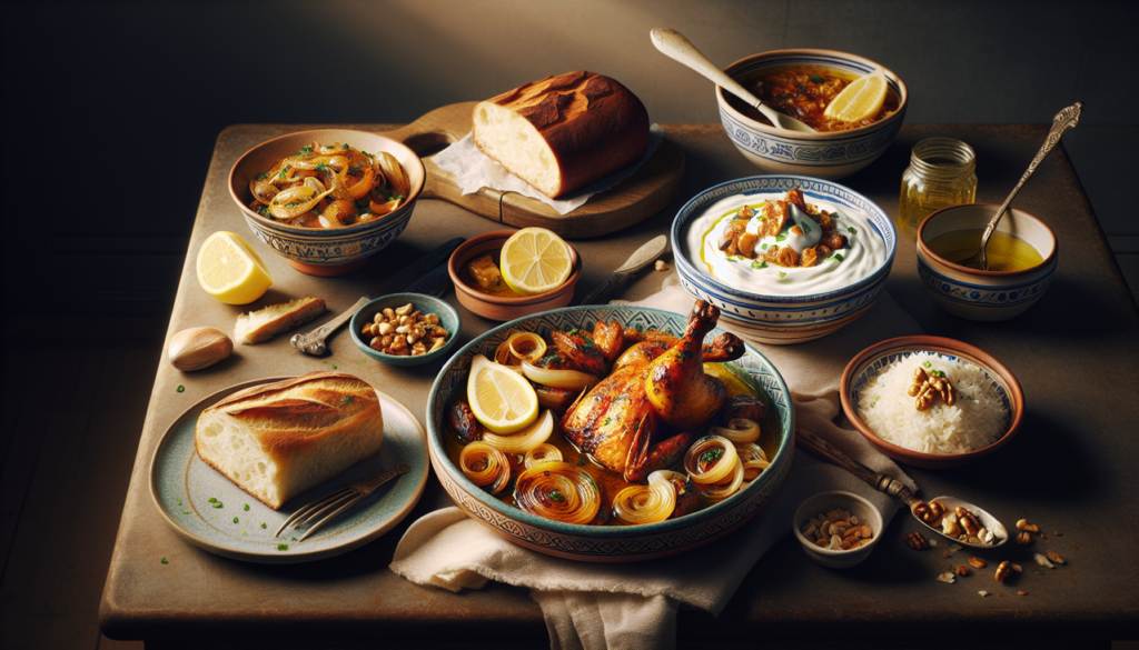 Plat en Y avec Yassa, Yassa poisson, Yogourt à la grecque et Yeasted bread.