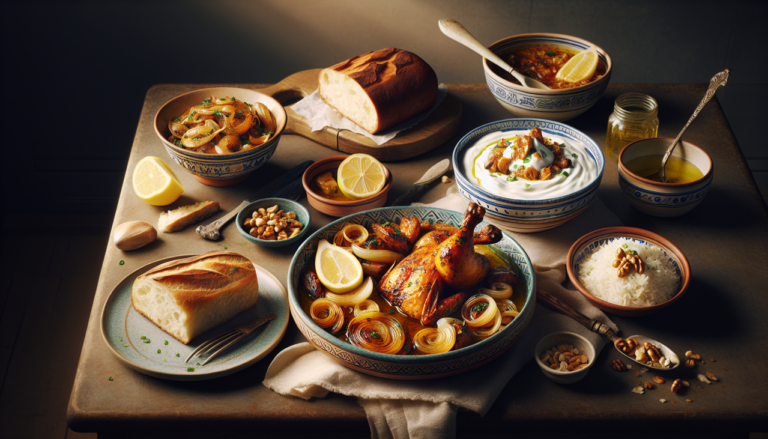 Plat en Y avec Yassa, Yassa poisson, Yogourt à la grecque et Yeasted bread.