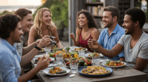 Scène réaliste et chaleureuse d’un dîner entre amis partageant des plats végétariens colorés dans une ambiance conviviale et naturelle.