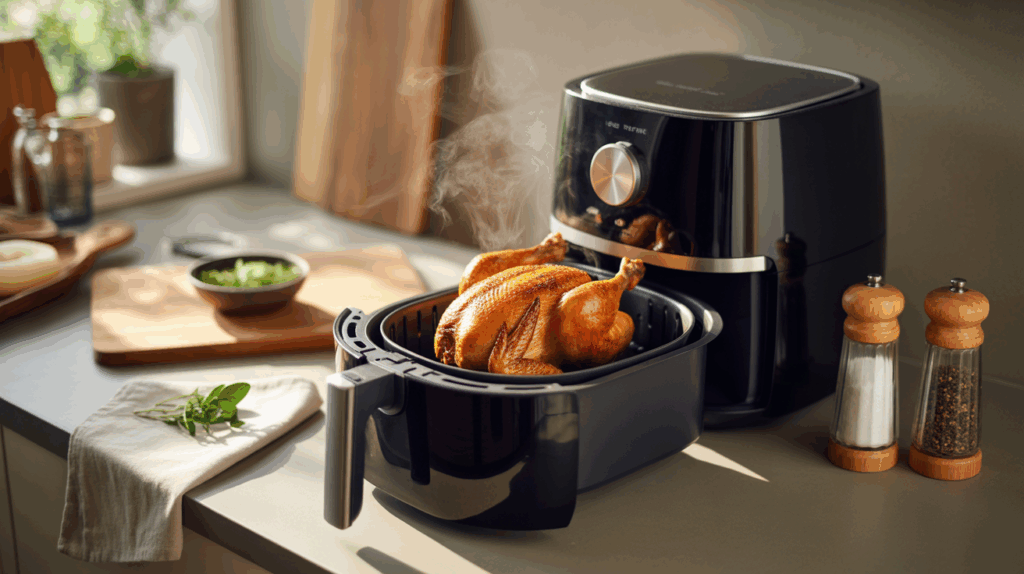 Cuisine réaliste avec un poulet rôti doré tout juste sorti d’un airfryer sur un plan de travail lumineux, entouré d’ustensiles et d’éléments de cuisine authentiques.