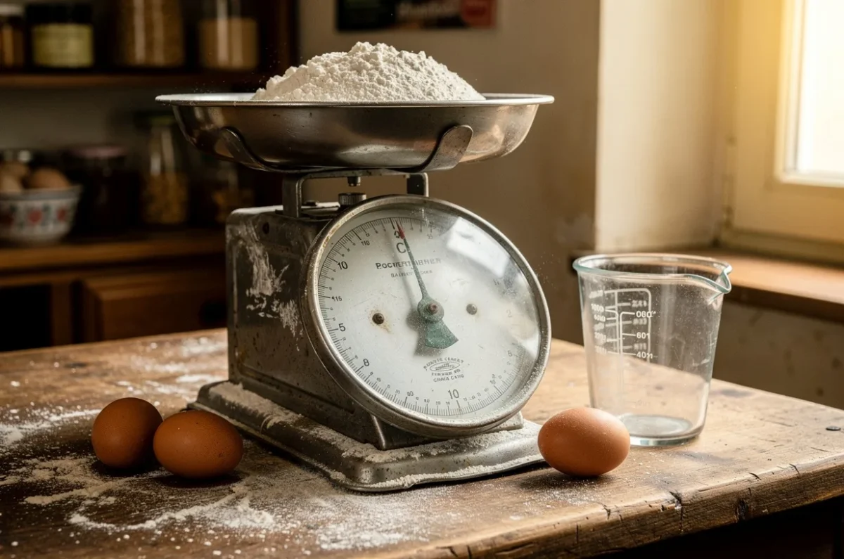 La balance mécanique, la farine et le verre doseur sur le plan de travail